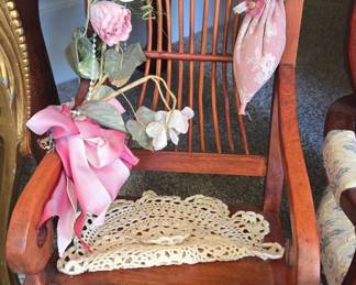 Miniature Wooden Rocking Chair with Floral Embellishments