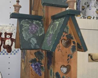 Hand-Painted Wooden Birdhouse with Grapevine Motif