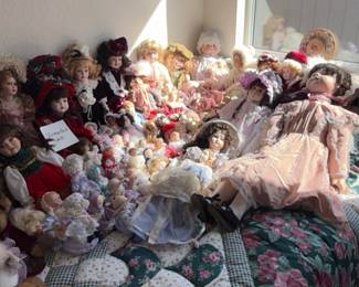 Collection of Porcelain Dolls and Teddy Bears