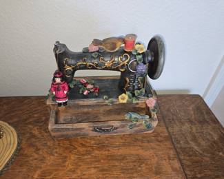 Decorative Sewing Machine Figurine with Doll and Birds