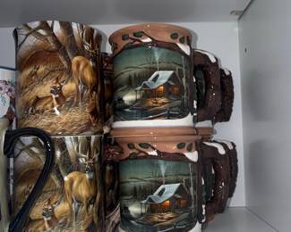 Terry Redlin "Morning Solitude" and "Abandoned Farmstead" Sculpted Ceramic Mugs