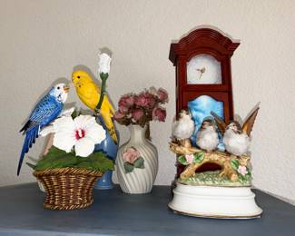 Budgie and Sparrow Figurine Collection with Miniature Clock