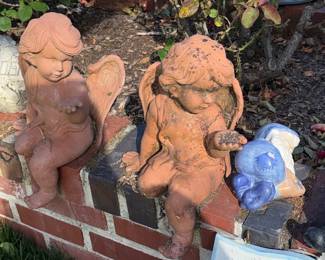 Assorted Garden Statuary Collection: Rabbits, Squirrels, Gnomes, Angels, and Girl on Pedestal