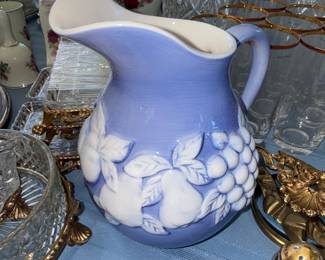 Vintage Faria & Bento Les Fruits Blue Pitcher