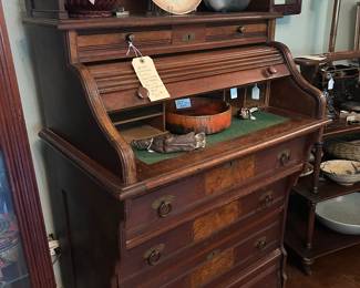Antique Renaissance Revival Walnut Desk with Tambour Door and Pull out Writing Area