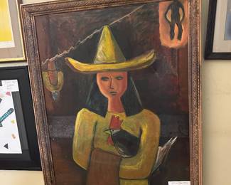 Woman in Yellow Hat Carrying a Rooster, original painting on canvas