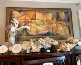 Over the sofa sized Midcentury modern painting on c canvas in the impasto style signed lower right and attributed to Lorraine Hayes. natural Sea shells and coral.