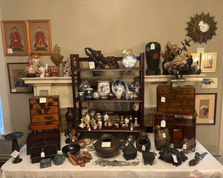 Puzzle boxes, hand painted porceleain, bronzes,