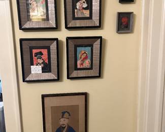 Upper:  A set of 4 Midcentury Paul Jacoulet Woodblock Print Christmas Cards. Lower: Framed Chinese Portrait Painting.