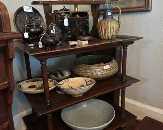 3 Tier Mahogany open display on Casters, Censers, Incense Burners, Antique Japanese Armrest, American Studio Pottery  including Harding Black on lower tier, 