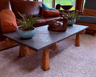 1970s French Brutalist coffee table made of oak & slate.