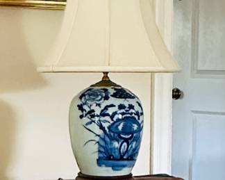 Blue and White Porcelain Ginger Jar Table Lamp with Floral and Bird Motif