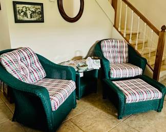 Wicker Armchair with Ottoman and Plaid Cushions