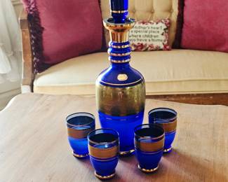 Czech Cobalt Glass Decanter & 4 Glasses from Bohemia Glass