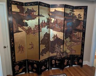 Vintage Chinese Six-Panel Black Lacquer Screen