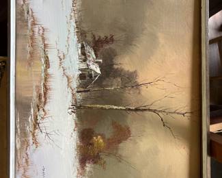 One of many original paintings. This one includes a wintery landscape, a few barren trees, and a small wooden cabin.
