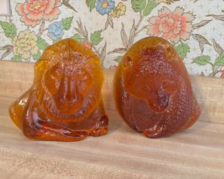 Viking Glass Lion and Bear Paperweights