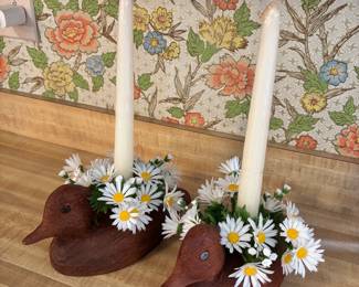 Carved Wood Duck Candleholders 