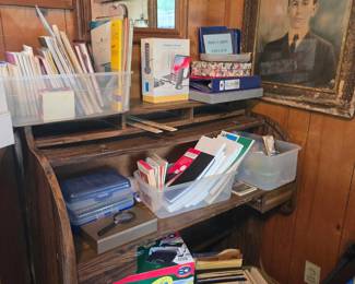 Vintage Roll Top Desk; Office Supplies; Electric Laminator; Antique Framed Portrait and much more!