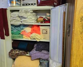 Vintage 2-Door Metal Cabinet; Cotton Terry Waterproof Mattress Cover in Bag; Ultra Soft Sherpa Comforter Set Still in Bag; Bedding; Knit Blankets and much more!