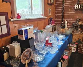 Large collection of Glass (i.e., Pressed, Molded, Crystal) Some New In Box; Antlers; Wall Clocks, Candlesticks, Statuary & Figurines