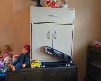 Blonde Laminate Cabinet; Vintage Lamp; Table Fan; Micky Mouse Collectible; Toy Truck & More!