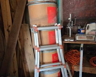 Fiber Barrels for Storage (originally used by US Steel); Little Giant Ladder; & Scrap Wood