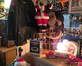 Military Airborne Uniform & Ephemera; Long Blonde MCM Dresser with Mirror; Coca-Cola Holiday Collectibles; and Loads of Christmas / Holiday Decor