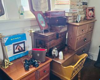 Assorted wood nightstands, side tables and dressers; Mirror; Binoculars and so much more 