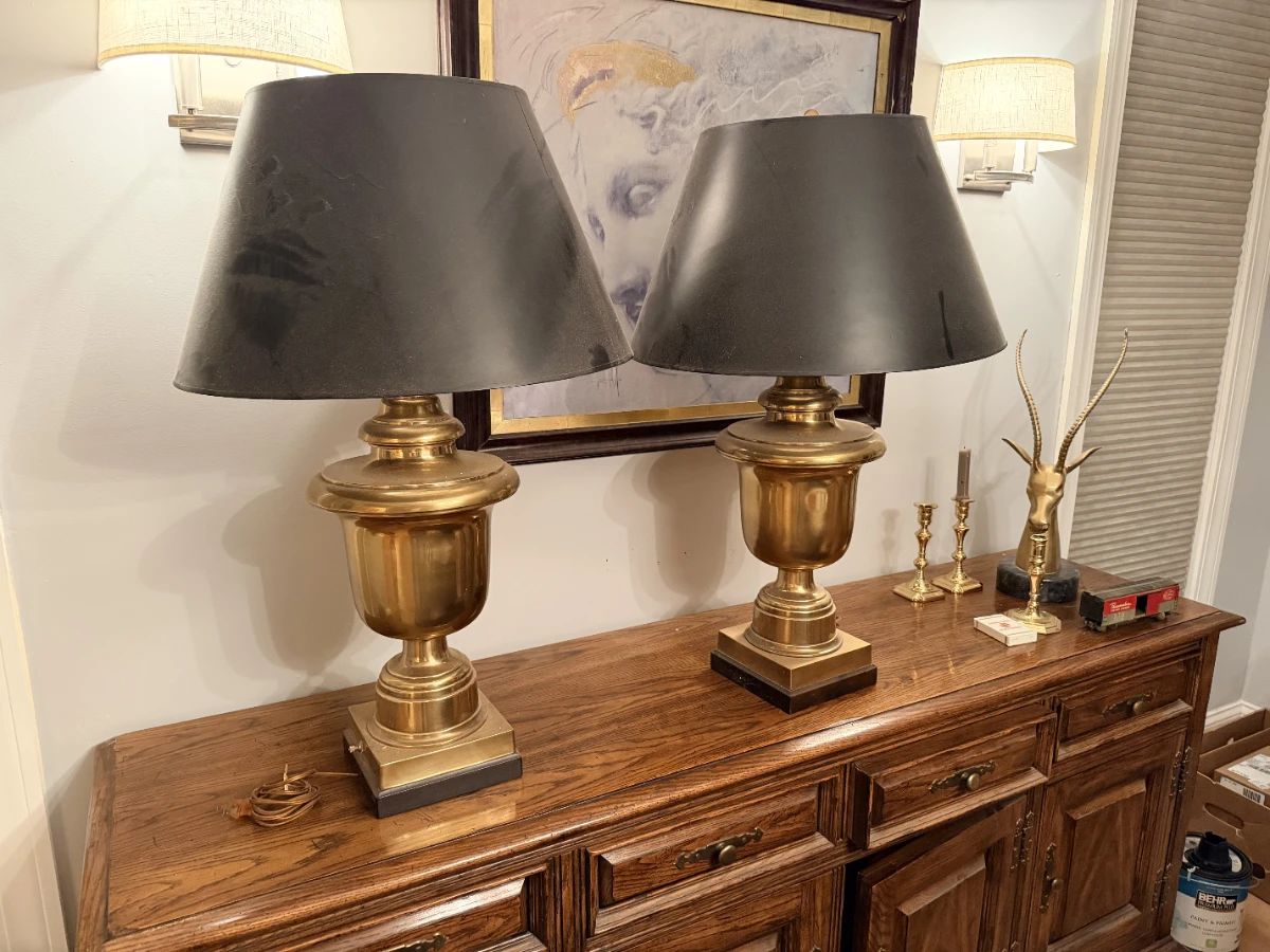 Brass urn table lamps (Chapman?) with black shades