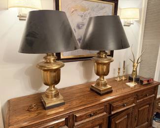 Brass urn table lamps (Chapman?) with black shades