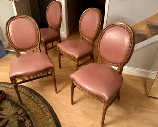 Pink leather/nailhead oval-back side chairs