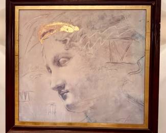 Large framed modernist female-face artwork