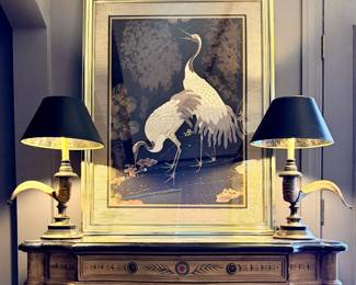 Painted cabinet with crane artwork and matching Chapman ram's horn lamps