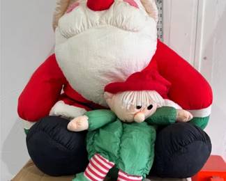 Vintage 1990s stuffed nylon parachute plush Santa Claus with an elf