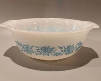 Vintage Glasbake white milk glass mixing bowls featuring the 'Blue Thistle' pattern