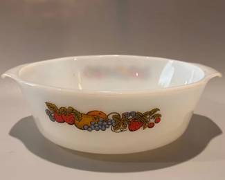 Vintage Anchor Hocking Fire-King milk glass casserole dish featuring the 'Nature's Bounty' fruit motif