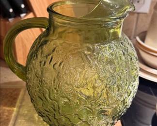 Vintage Anchor Hocking Milano avocado green crinkle glass ball pitcher