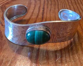 Dominique Dinouart Mexican sterling silver hammered cuff bracelet featuring a large oval malachite stone