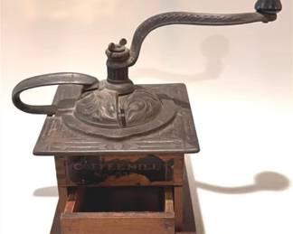 Antique wood and cast iron hand-crank coffee grinder