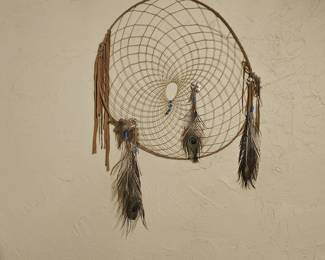 Peacock feather & leather dreamcatcher 2'x2'