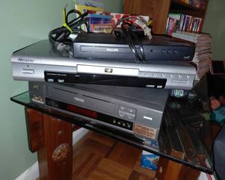 JVC VHS player; Memorex DVD/mp3 player; Phillips Blu-ray player