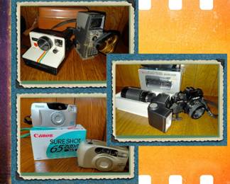 Vintage cameras - '58 Bell Howell 8mm; Polaroid; Minolta 35mm w/ accessories; etc