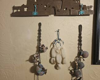Southwest Pueblo metal wall art piece; bronze & blue; Mexican clay pots; small medicine wheel