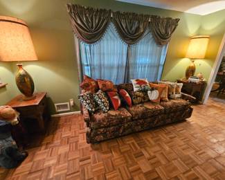 Vintage Sofa (1970's); recovered in 1990's; MCM Drip Glaze Ceramic Base Lamps (2); Mission style nightstands (2)