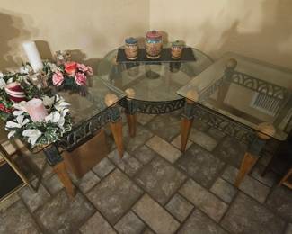 Mixed media; Neoclassical revival; full set includes 2 end tables and 1 large round coffee table