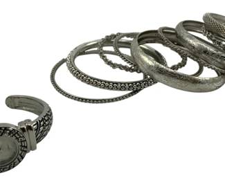 8099 - 9 Silver Tone Bangles & Kim Rogers Watch (Description): Used as is electric/electronic/mechanical item. No guarantee all components, untested.