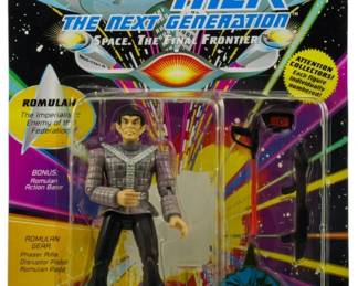 552 - Playmates Star Trek TNG Romulan Figure NIB (Description): Unopened Playmates Star Trek: The Next Generation action figure in original packaging. This figure depicts a Romulan, described on the packaging as "The Imperialist Enemy of the Federation." The set includes bonus Romulan action base and Romulan ge