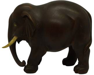 485 - Carved Wood Elephant Figure (Missing Tusk) (Description): 3x3.5x2