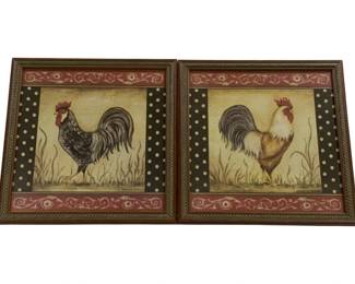 6619 - 2 Framed Rooster Prints - 13 x 13